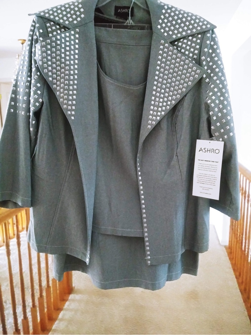 Ashro Olive Green Studded Blazer and Coordinating Shell Set